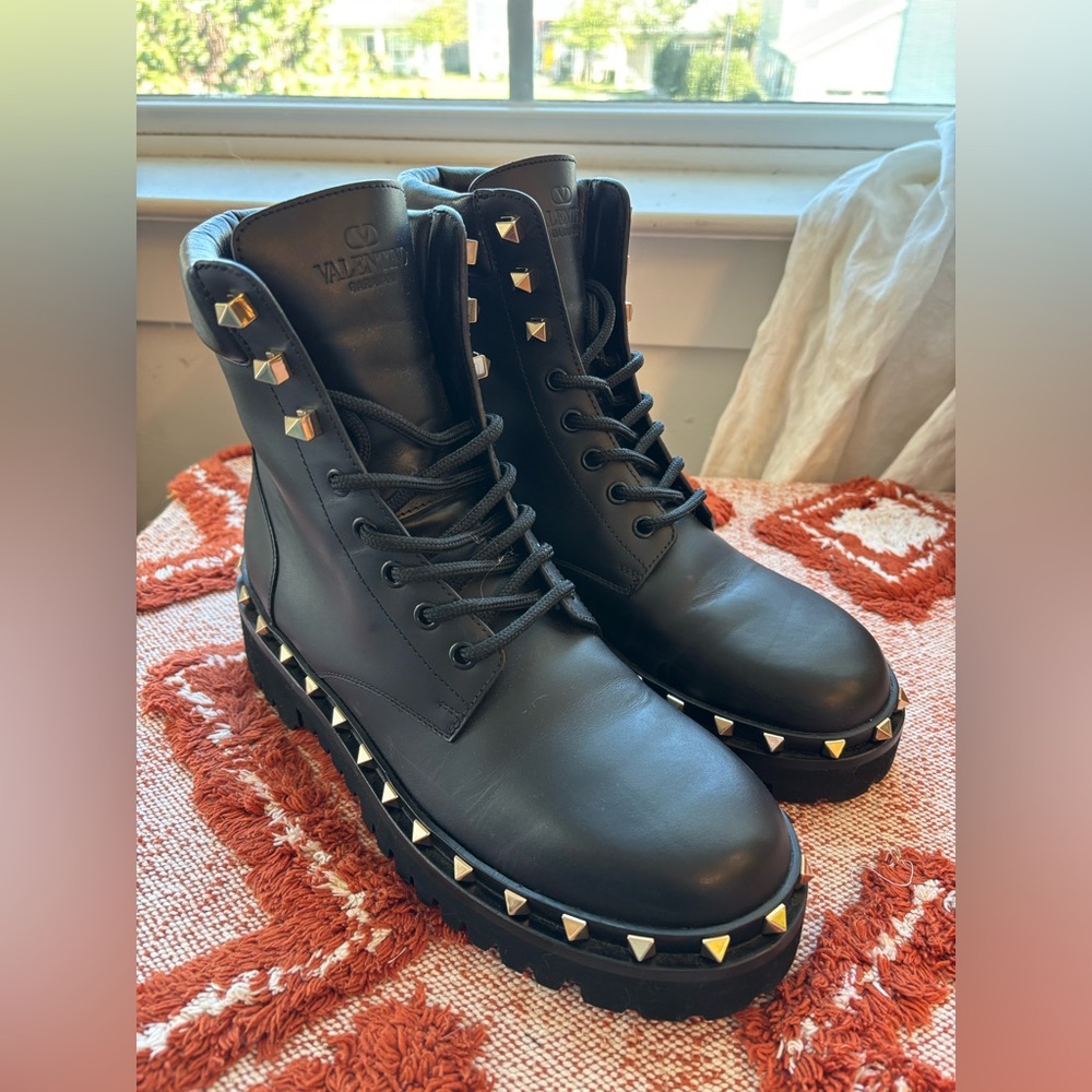 Valentino Garavani Black Combat Boots with Gold Studs